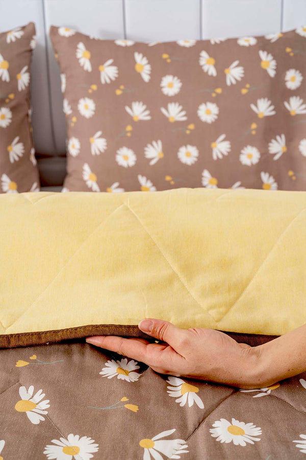 Kahve Papatyalı Kapitone Çift Kişilik Pamuklu Pike & Yatak Örtüsü