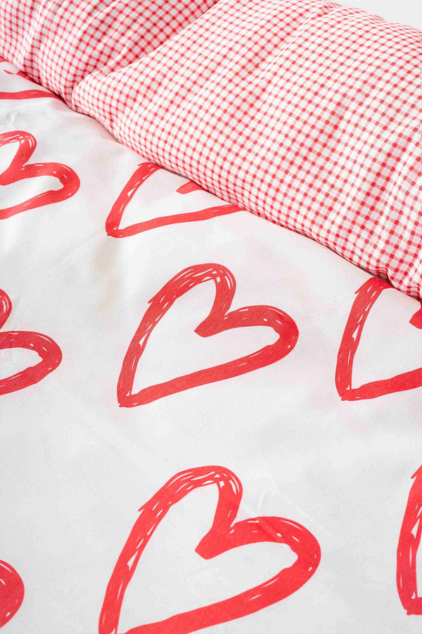 Ekose Kırmızı Kalpler Çift Kişilik Outlet Nevresim Takımı Pamuklu