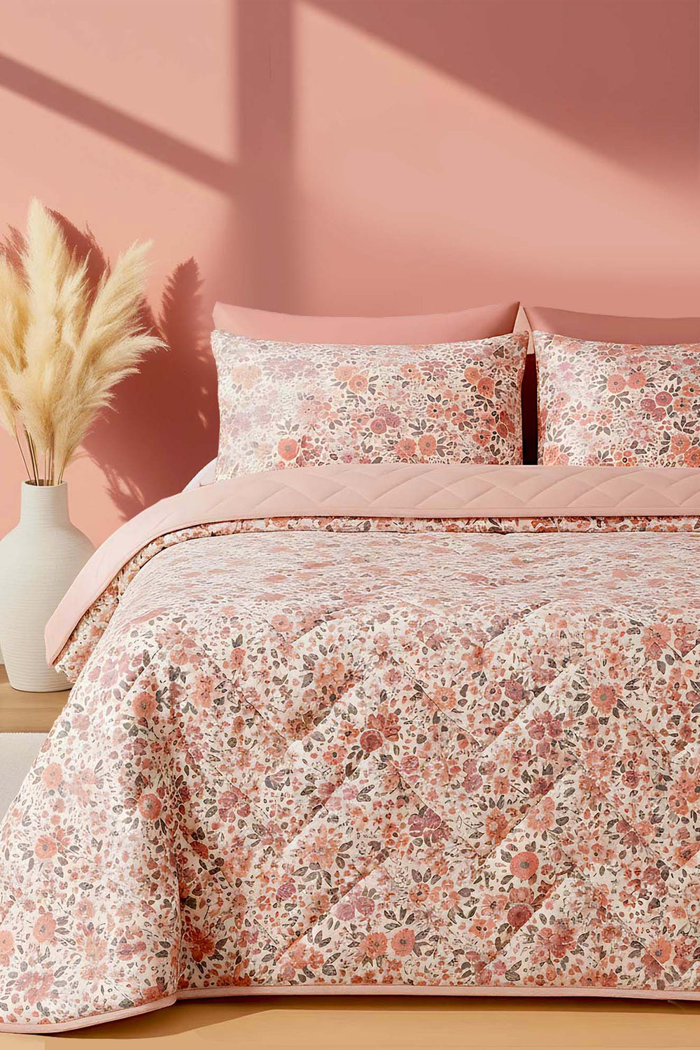 Pembe Bahar Kapitone Tek Kişilik Pamuklu Pike & Yatak Örtüsü