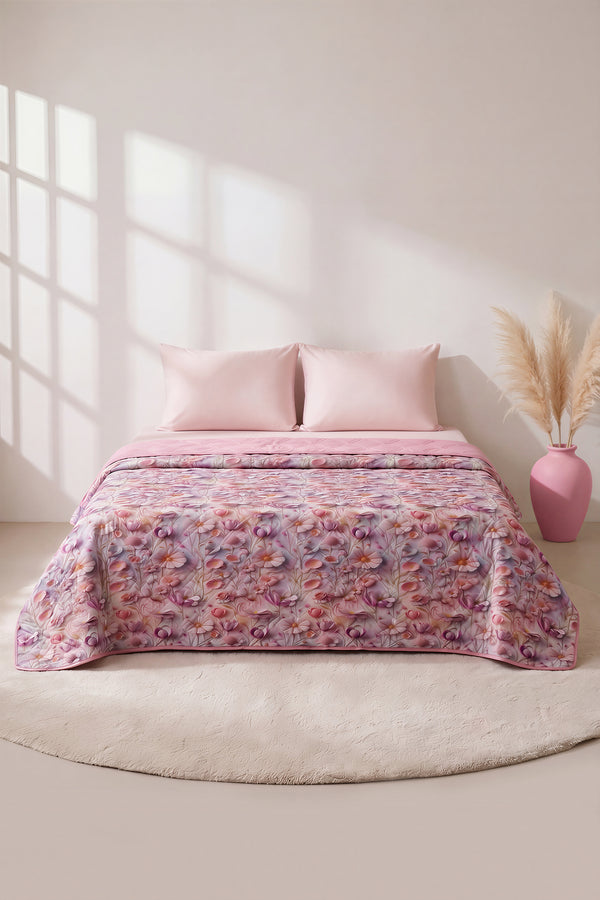 Çiçek Tomurcukları 5D Çok Amaçlı Çift Kişilik Baskılı Pike & Yatak Örtüsü 200x220 cm