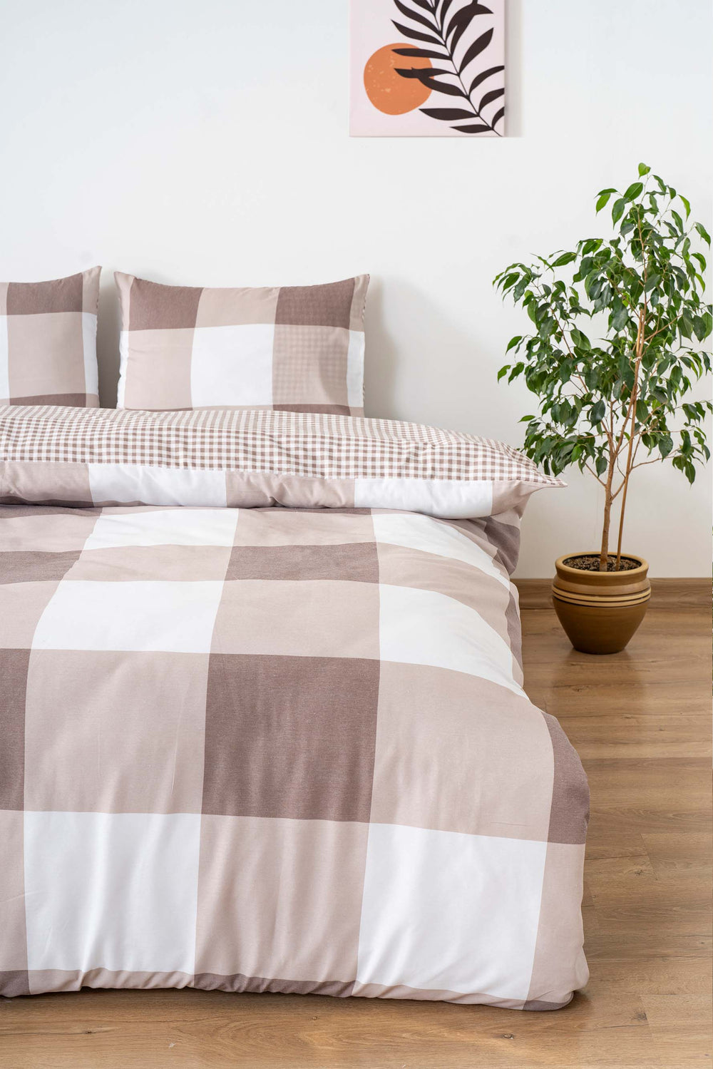 Kahve Kareli Çift Kişilik Outlet Nevresim Takımı Pamuklu