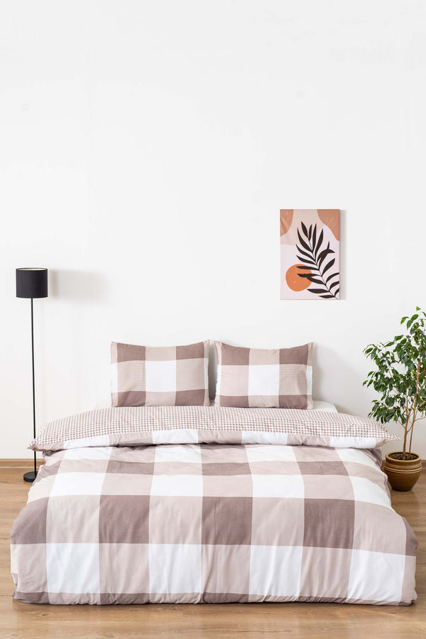 Kahve Kareli Çift Kişilik Outlet Nevresim Takımı Pamuklu