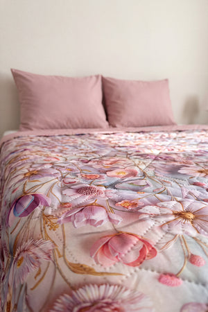 Çiçek Tomurcukları 5D Çok Amaçlı Çift Kişilik Baskılı Pike & Yatak Örtüsü 200x220 cm