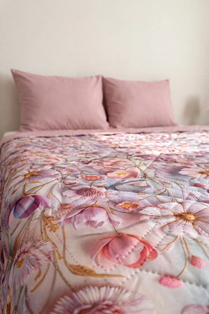 Çiçek Tomurcukları 5D Çok Amaçlı Tek Kişilik Baskılı Pike & Yatak Örtüsü 160x220 cm