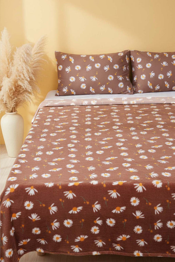 Kahve Papatyalı Çift Kişilik Peluş Battaniye