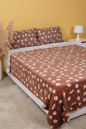 Kahve Papatyalı Çift Kişilik Peluş Battaniye