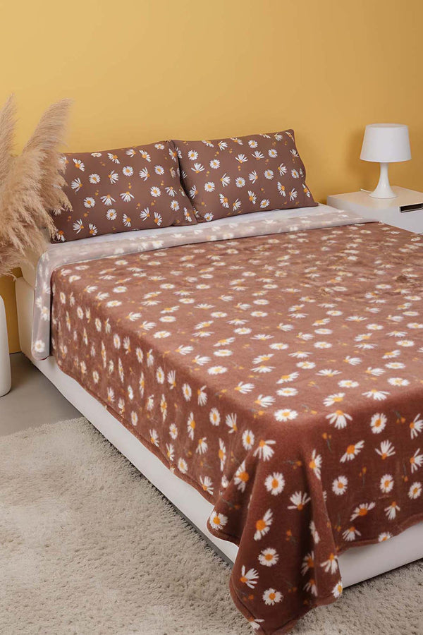 Kahve Papatyalı Çift Kişilik Peluş Battaniye