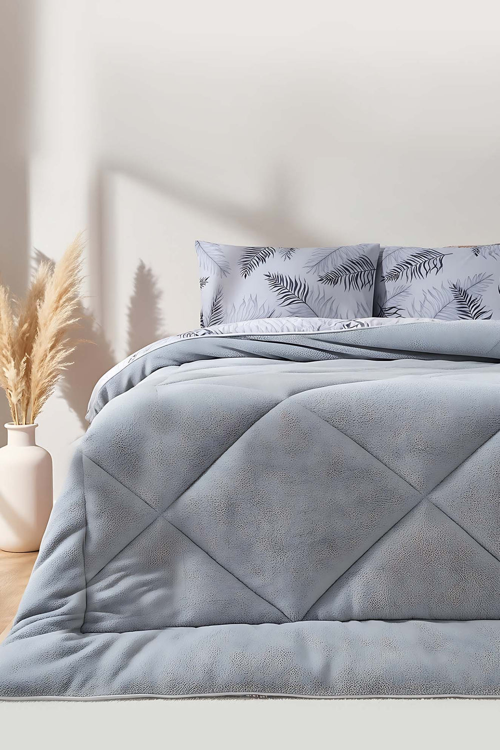 Gri Yaprak Loura Tek Kişilik Çift Taraflı Lüx Wellsoft Yorgan Seti 155x215 cm