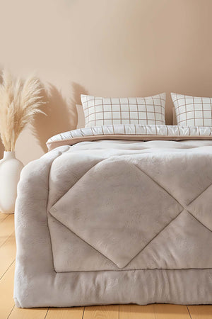 Bej Kareli Çift Kişilik Çift Taraflı Lüx Wellsoft Yorgan Seti 195x215 cm