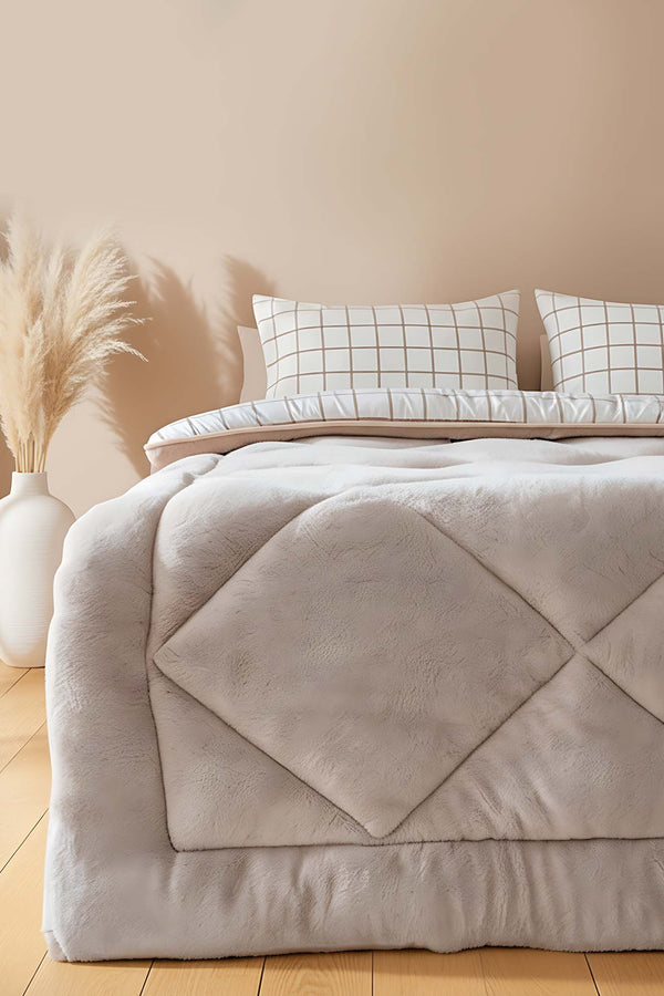 Bej Kareli Çift Kişilik Çift Taraflı Lüx Wellsoft Yorgan Seti 195x215 cm