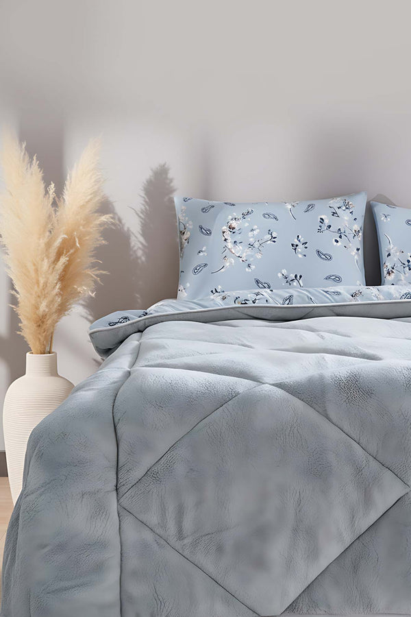Gri Çiçekli Loura Çift Kişilik Çift Taraflı Lüx Wellsoft Yorgan Seti 195x215 cm