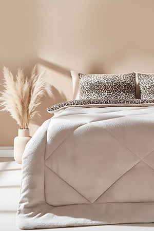 Bej Leopar Loura Çift Kişilik Çift Taraflı Lüx Wellsoft Yorgan Seti 195x215 cm