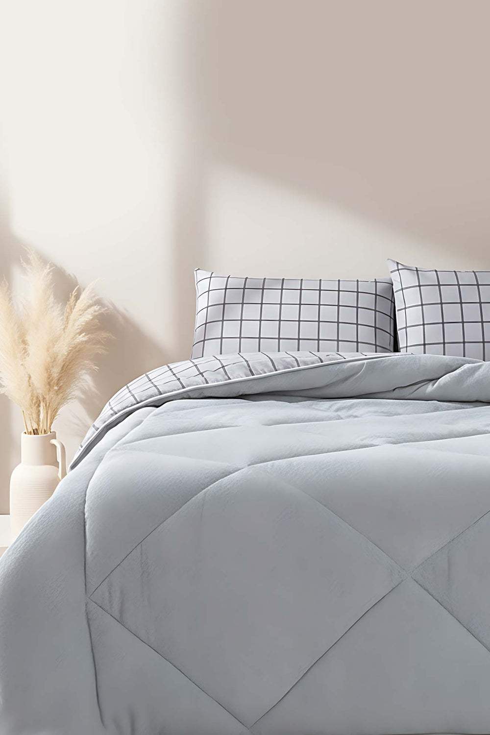 Gri Kareli Loura Çift Kişilik Çift Taraflı Lüx Wellsoft Yorgan Seti 195x215 cm