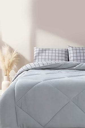 Gri Kareli Loura Çift Kişilik Çift Taraflı Lüx Wellsoft Yorgan Seti 195x215 cm