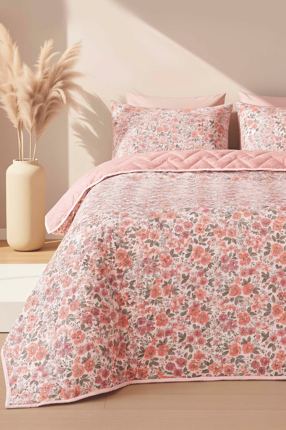 Pembe Bahar Kapitone Çift Kişilik Pamuklu Pike & Çok Amaçlı Yatak Örtüsü