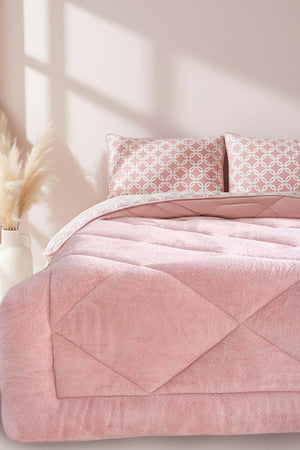 Pudra Geometrik Loura Çift Kişilik Çift Taraflı Lüx Wellsoft Yorgan Seti 195x215 cm