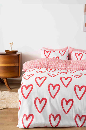 Ekose Kırmızı Kalpler Çift Kişilik Outlet Nevresim Takımı Pamuklu