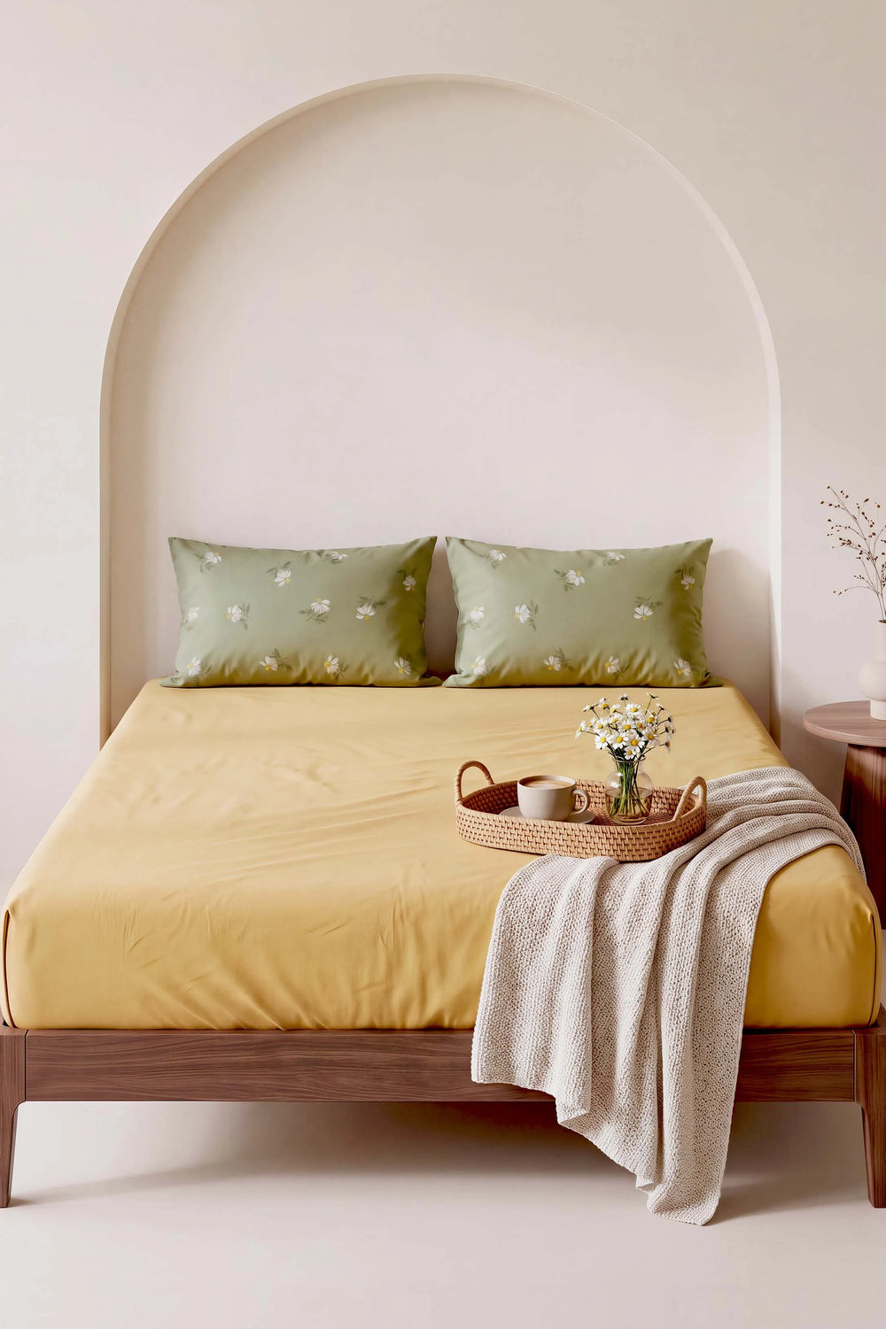 Sarı Yeşil Papatya Çift Kişilik Lastikli Çarşaf Takımı 160x200 cm - 3 Parça