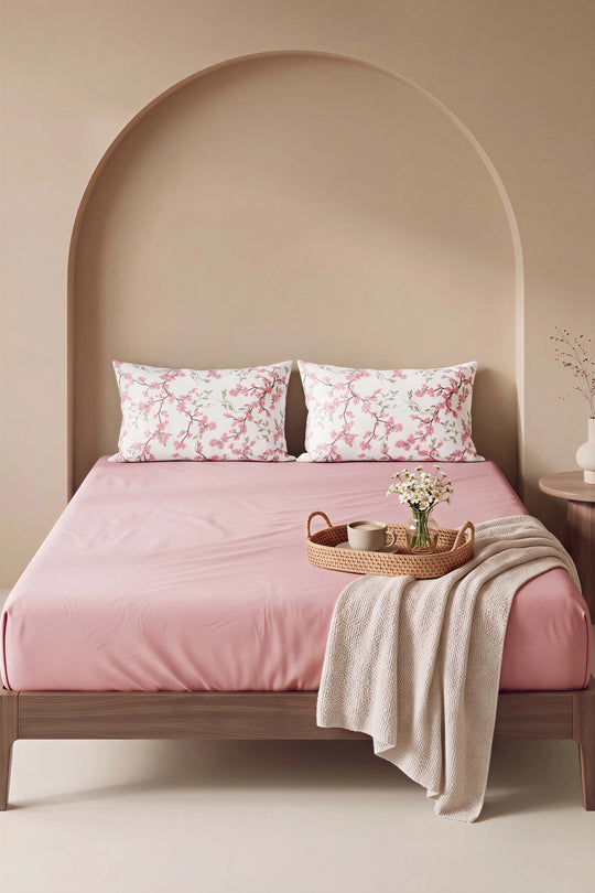 Pudra Pembe Sakura Çift Kişilik Lastikli Çarşaf Takımı 160x200 cm - 3 Parça