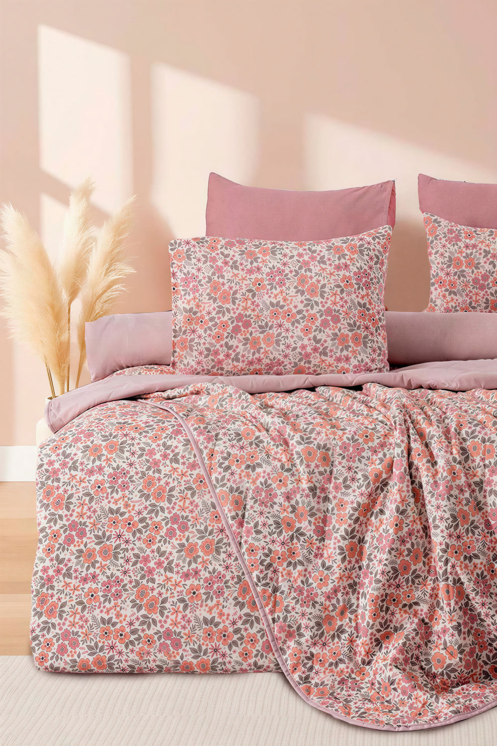 Pembe Bahar Çift Kişilik Nevresimli Pike Takımı - 7 Parça Çeyiz Seti