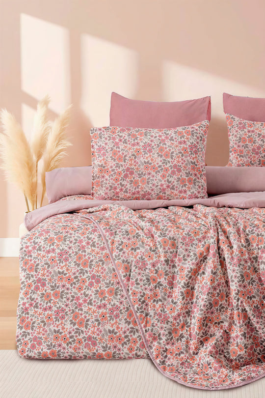 Pembe Bahar Çift Kişilik Nevresimli Pike Takımı - 7 Parça Çeyiz Seti