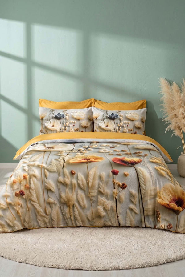 Hardal Flower 5D Saten Çift Kişilik Nevresim Takımı – 6 Parça Çeyiz Seti