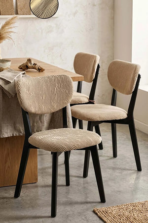 Bej Renk Jakarlı Likralı Esnek Sandalye Kılıfı Takımı - 6'lı Set