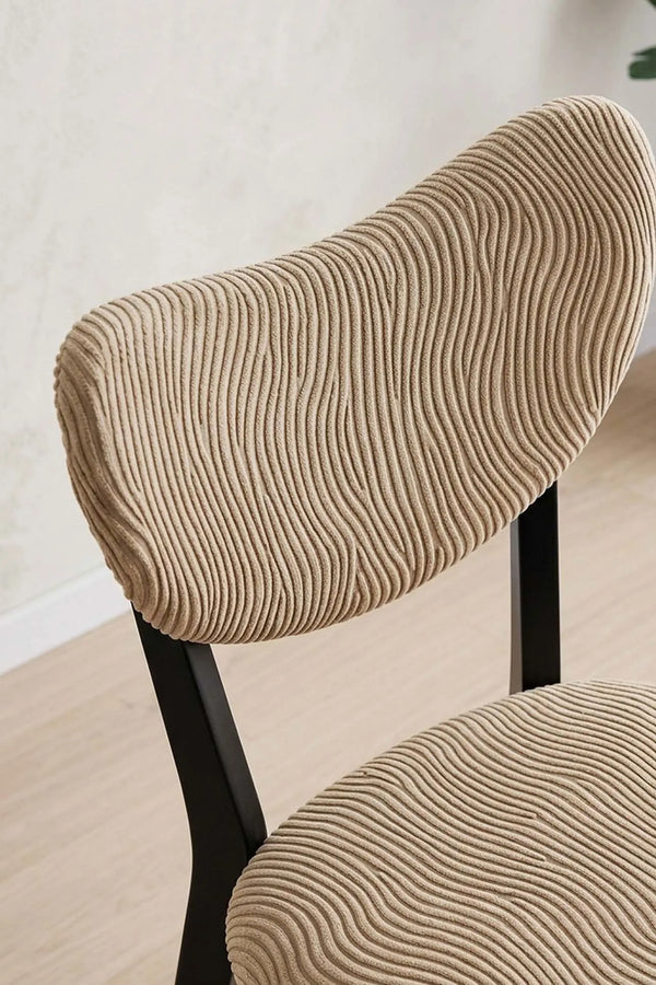 Bej Renk Jakarlı Likralı Esnek Sandalye Kılıfı Takımı - 6'lı Set