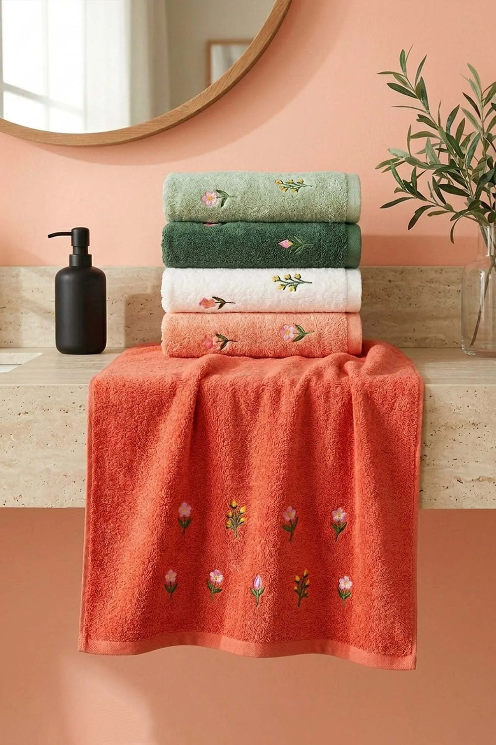 Mini Çiçek Nakışlı %100 Pamuklu 5'li Havlu Seti 50x90 cm