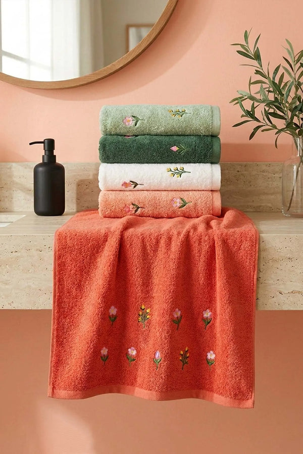 Mini Çiçek Nakışlı %100 Pamuklu 5'li Havlu Seti 50x90 cm