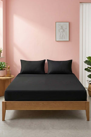 Siyah Ranforce Pamuklu Çift Kişilik Lastikli Çarşaf Seti - 3 Parça - 160x200 cm