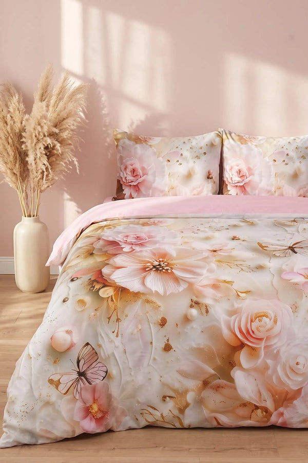 Pembe Elara 3D Flower Çift Kişilik Nevresim Takımı – 4 Parça