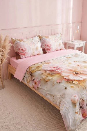 Pembe Elara 3D Flower Çift Kişilik Nevresim Takımı – 4 Parça