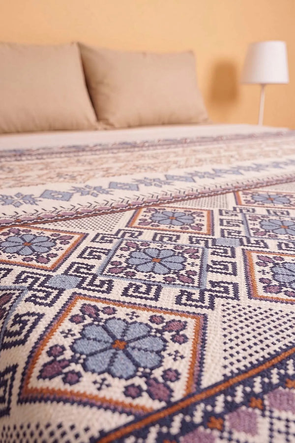İndigo Etnik Desenli Çift Kişilik Baskılı Pike & Yatak Örtüsü 200x230 cm