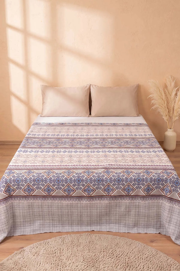 İndigo Etnik Desenli Çift Kişilik Baskılı Pike & Yatak Örtüsü 200x230 cm