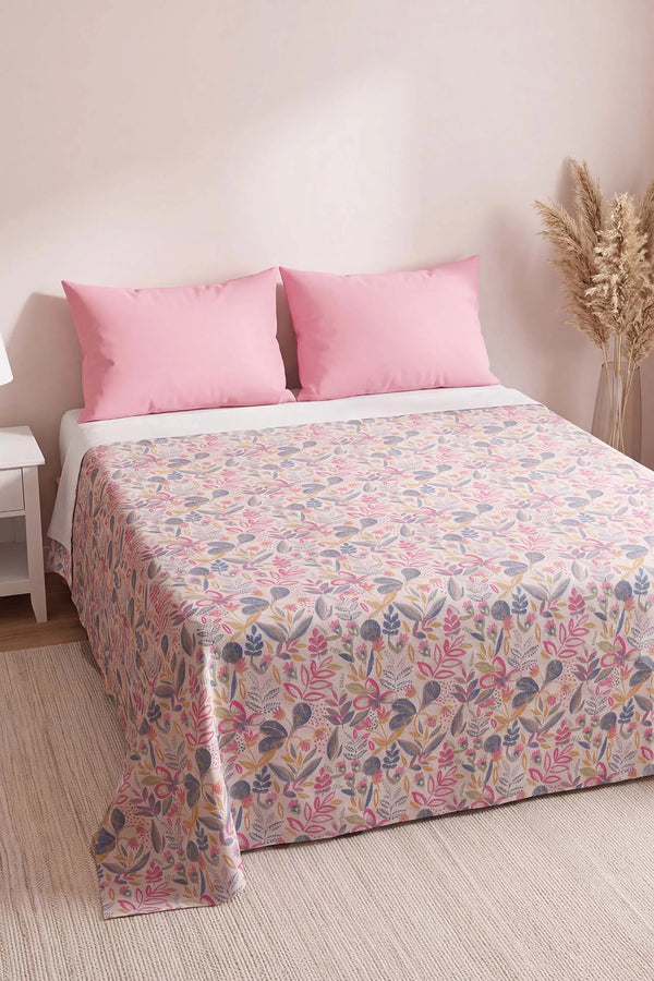 Pembe Kır Bahçesi Desenli Çift Kişilik Baskılı Pike & Yatak Örtüsü 200x230 cm
