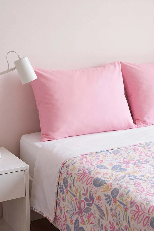 Pembe Kır Bahçesi Desenli Çift Kişilik Baskılı Pike & Yatak Örtüsü 200x230 cm