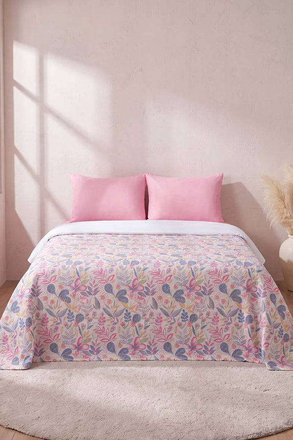 Pembe Kır Bahçesi Desenli Çift Kişilik Baskılı Pike & Yatak Örtüsü 200x230 cm