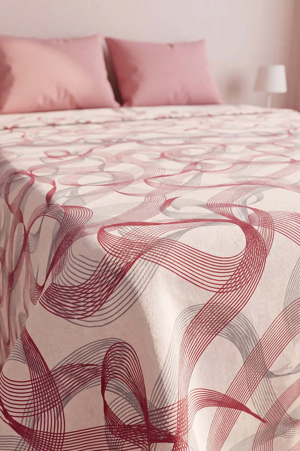 Pembe Soyut Desenli Çift Kişilik Baskılı Pike & Yatak Örtüsü 200x230 cm
