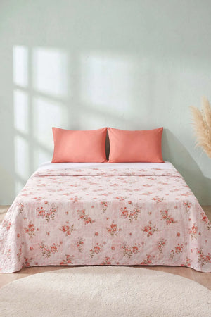 Pembe Kır Çiçeği Desenli Çift Kişilik Baskılı Pike & Yatak Örtüsü 200x230 cm