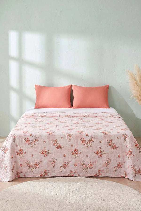Pembe Kır Çiçeği Desenli Çift Kişilik Baskılı Pike & Yatak Örtüsü 200x230 cm
