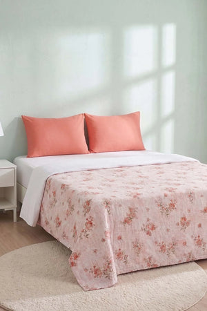 Pembe Kır Çiçeği Desenli Çift Kişilik Baskılı Pike & Yatak Örtüsü 200x230 cm