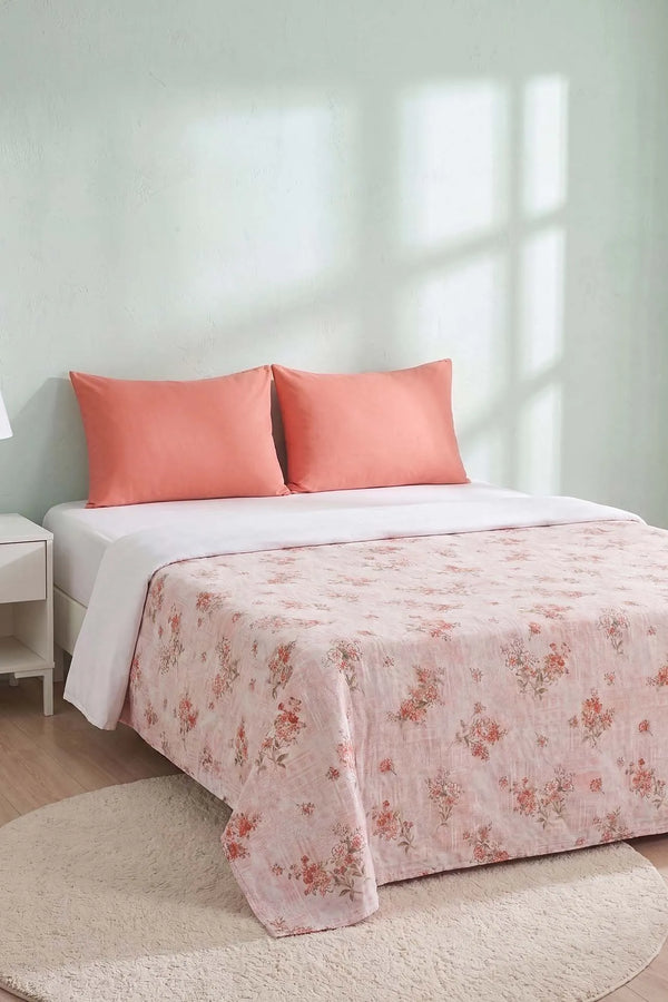 Pembe Kır Çiçeği Desenli Çift Kişilik Baskılı Pike & Yatak Örtüsü 200x230 cm