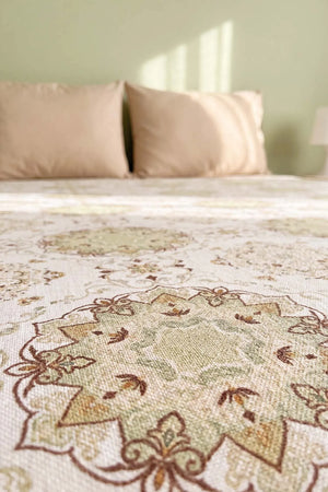 Yeşil Mandala Desenli Çift Kişilik Baskılı Pike & Yatak Örtüsü 200x230 cm