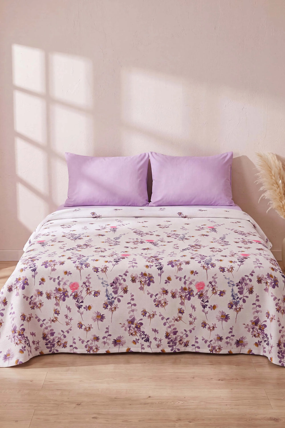 Mor Flora Çift Kişilik Baskılı Pike & Yatak Örtüsü 210x230 cm