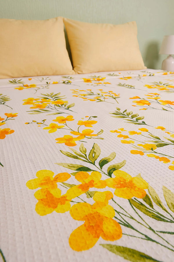 Sarı Daisy Çift Kişilik Baskılı Pike & Yatak Örtüsü 210x230 cm
