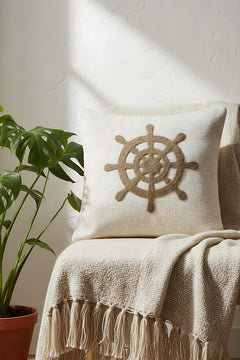 Kahverengi Dümen Hasır Görünümlü Dokuma Punch Kırlent Kılıfı