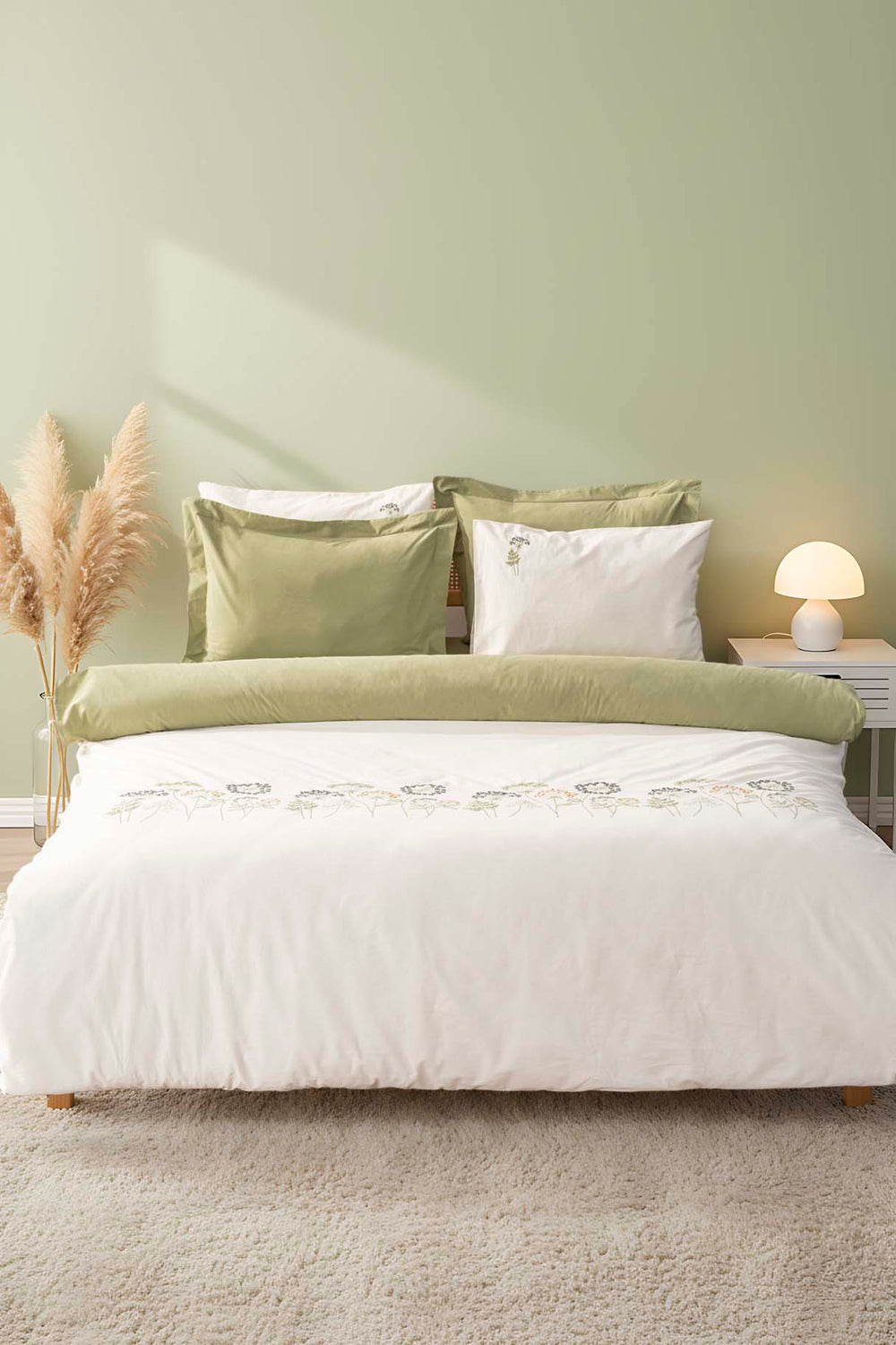 Botanic Yeşil 6 Parça Çift Kişilik Nakışlı %100 Pamuklu Nevresim Takımı & Çeyiz Seti