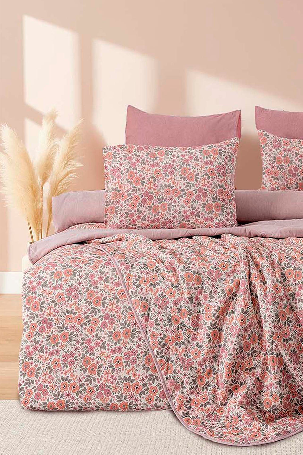 Pembe Bahar Çift Kişilik Nevresimli Pike Takımı - 7 Parça Çeyiz Seti