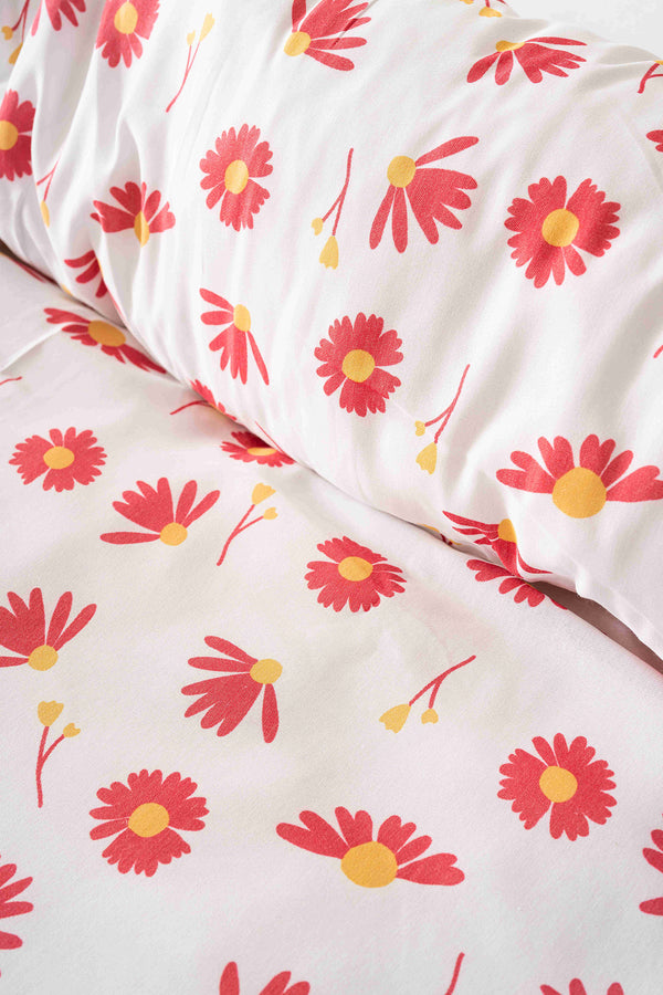 Kırmızı Papatya Outlet Çift Kişilik Nevresim Takımı Pamuklu